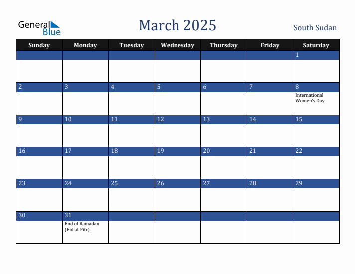 March 2025 South Sudan Calendar (Sunday Start)