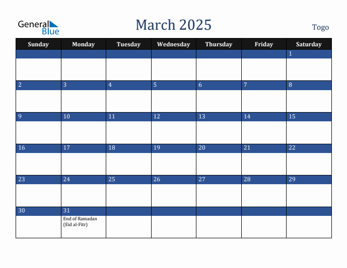 March 2025 Togo Calendar (Sunday Start)