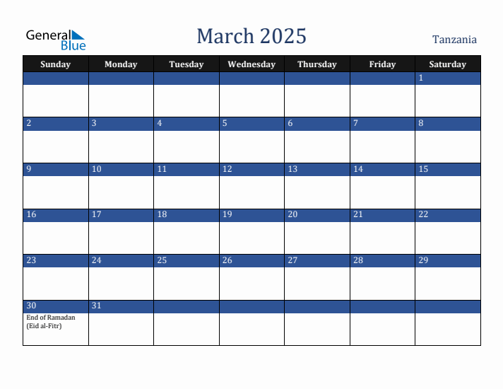 March 2025 Tanzania Calendar (Sunday Start)