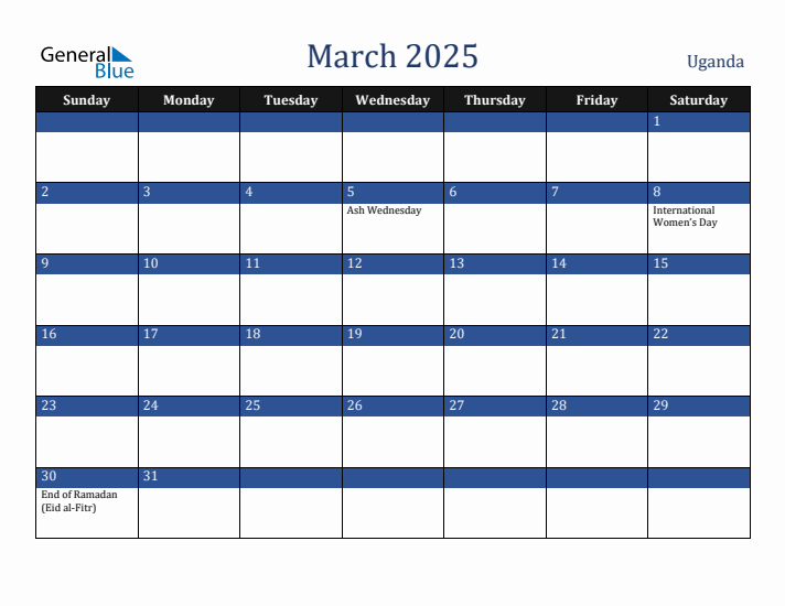 March 2025 Uganda Calendar (Sunday Start)