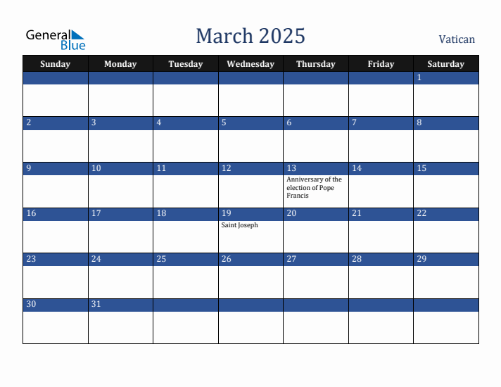 March 2025 Vatican Calendar (Sunday Start)
