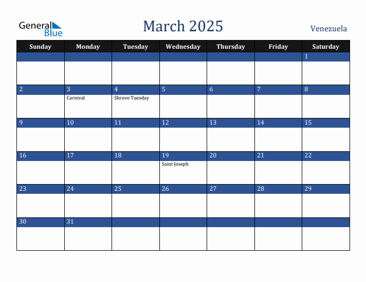 March 2025 Venezuela Calendar (Sunday Start)