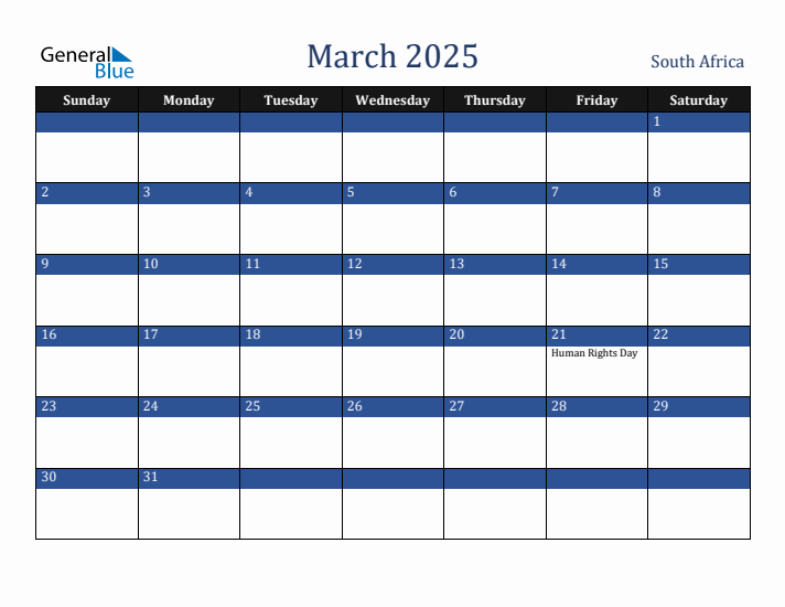 March 2025 South Africa Calendar (Sunday Start)