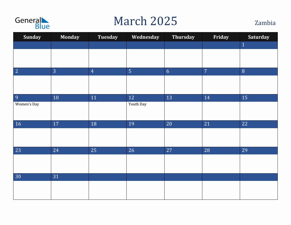 March 2025 Zambia Holiday Calendar