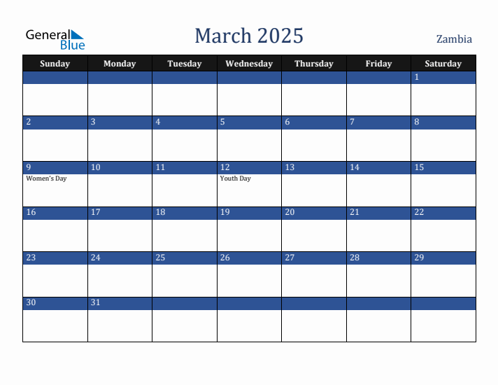 March 2025 Zambia Calendar (Sunday Start)