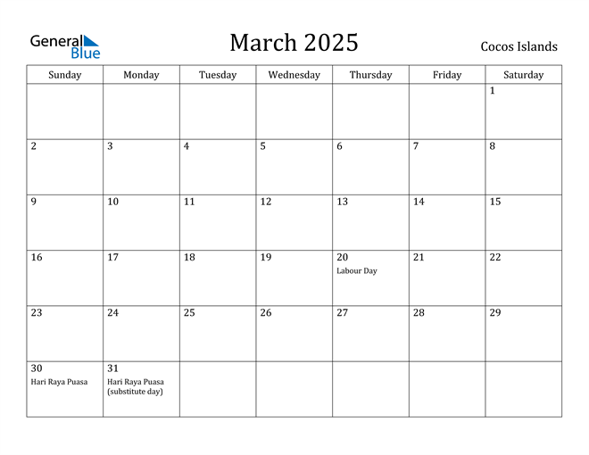 Cocos Islands March 2025 Calendar with Holidays