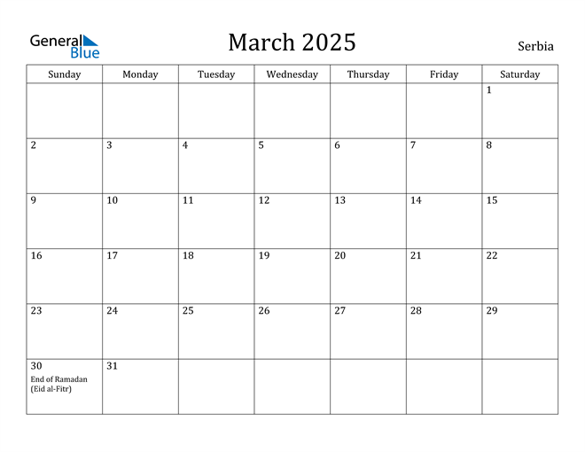 March 2025 Calendar Serbia