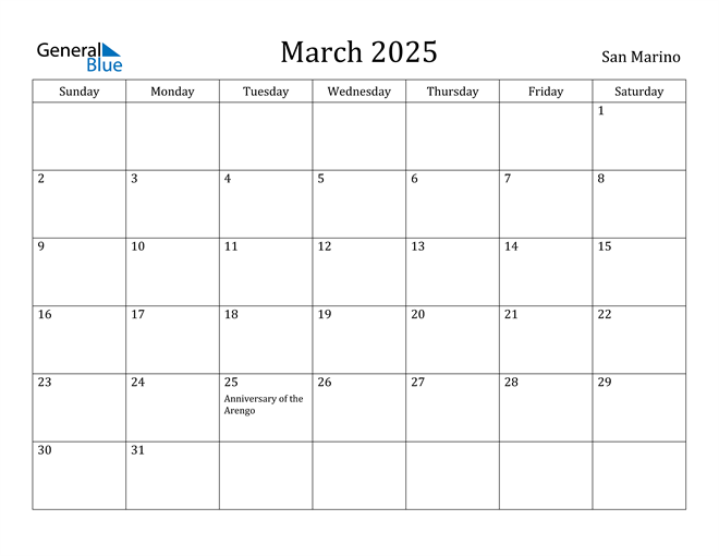 March 2025 Calendar with San Marino Holidays