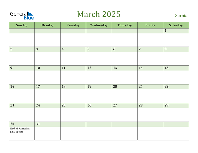 March 2025 Calendar with Serbia Holidays