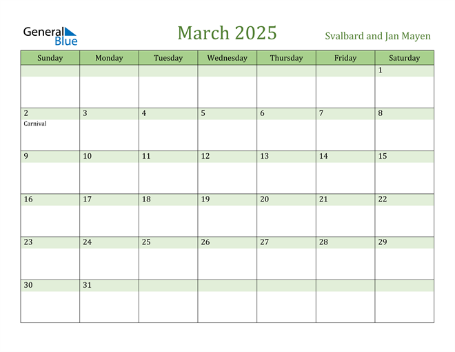 Svalbard and Jan Mayen March 2025 Calendar with Holidays