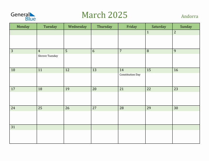 March 2025 Calendar with Andorra Holidays