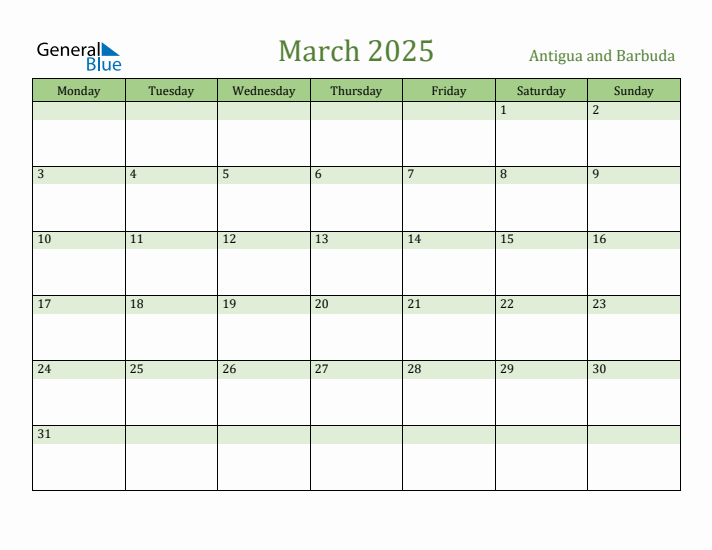March 2025 Calendar with Antigua and Barbuda Holidays