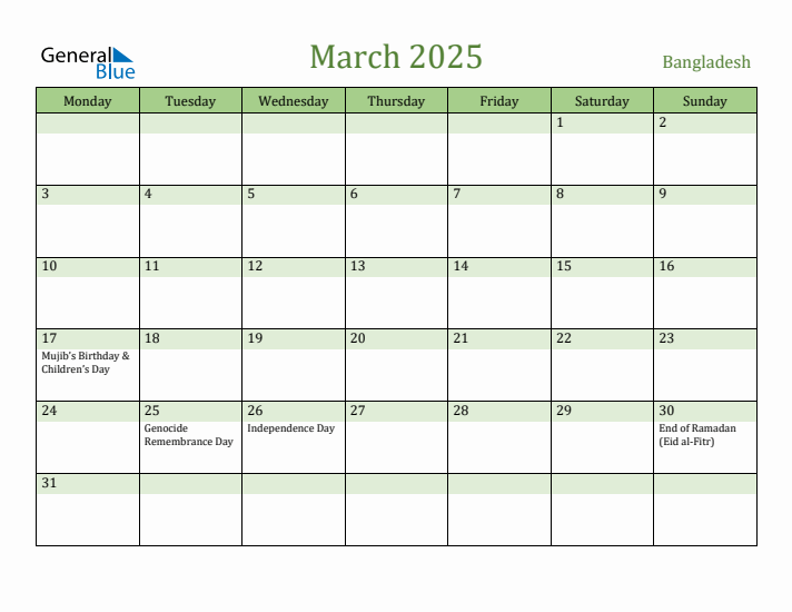 March 2025 Calendar with Bangladesh Holidays
