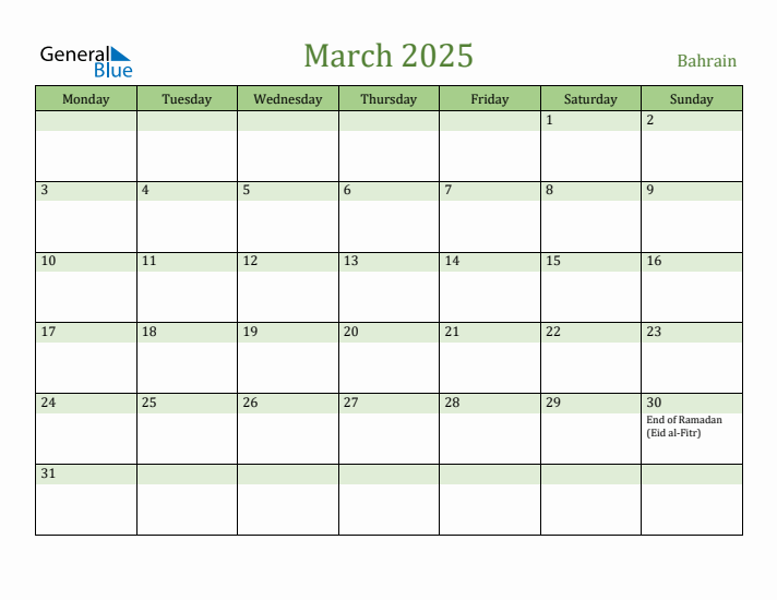 March 2025 Calendar with Bahrain Holidays