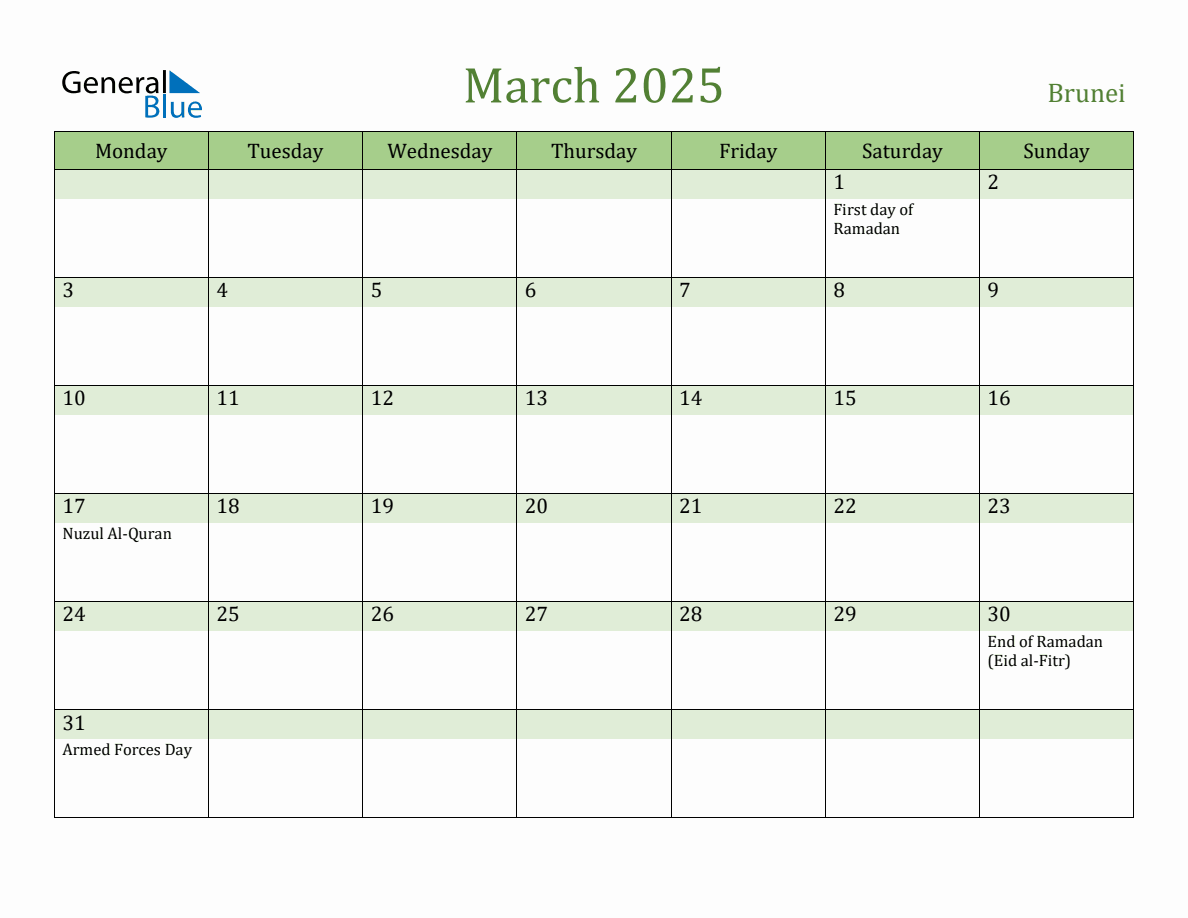 Fillable Holiday Calendar for Brunei March 2025