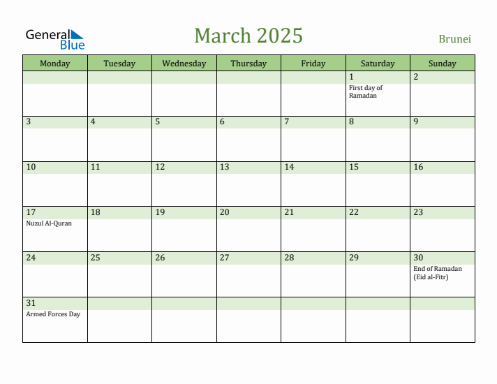March 2025 Calendar with Brunei Holidays