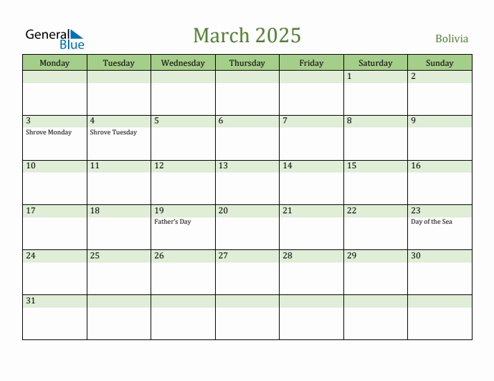 March 2025 Calendar with Bolivia Holidays