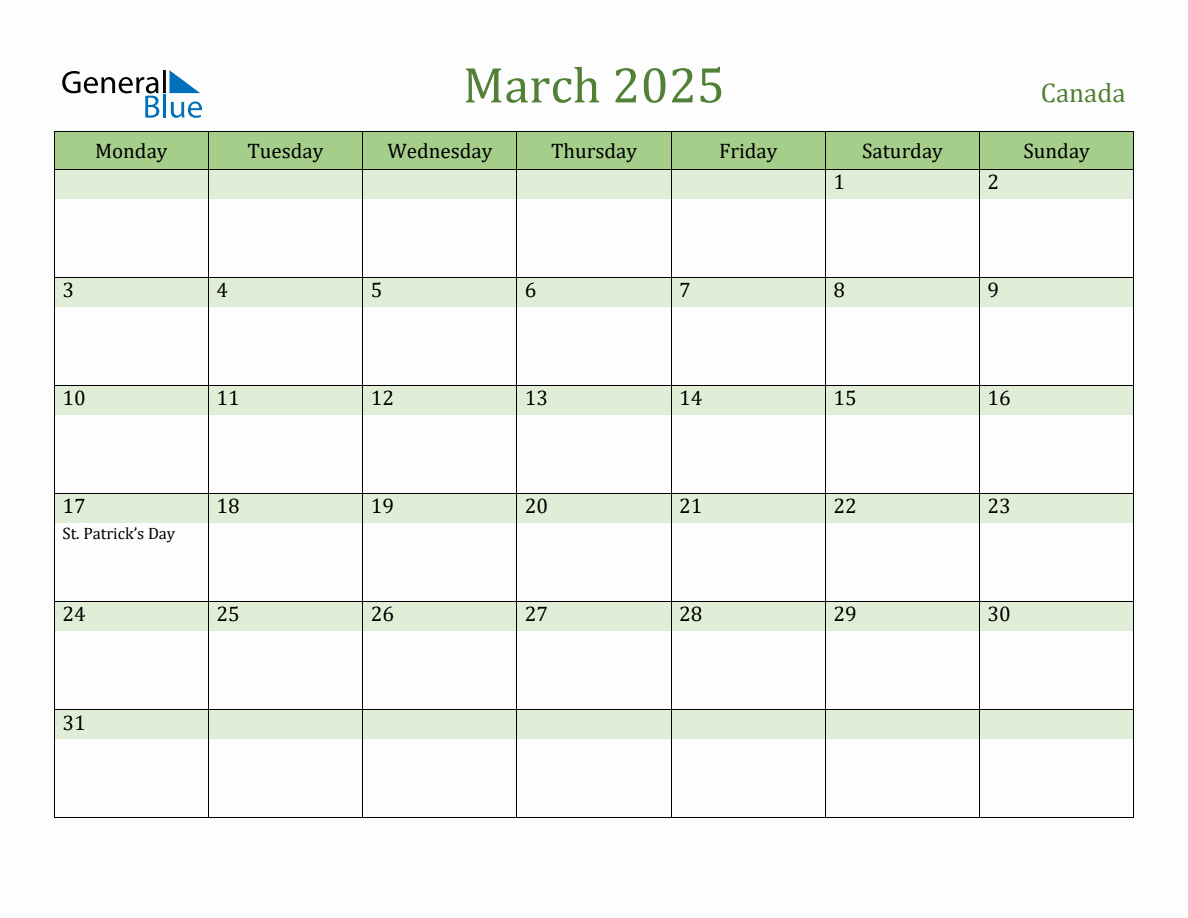 Fillable Holiday Calendar for Canada March 2025