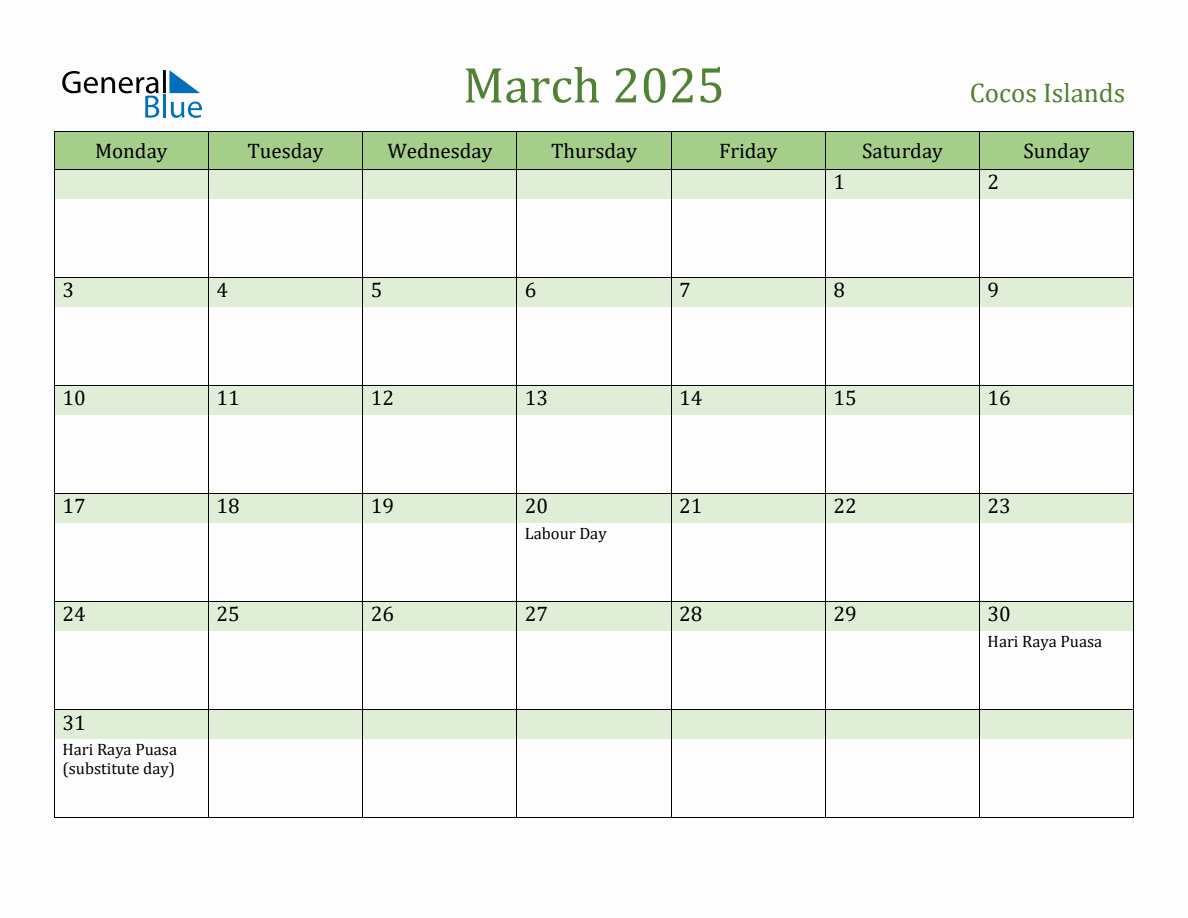 Fillable Holiday Calendar for Cocos Islands March 2025