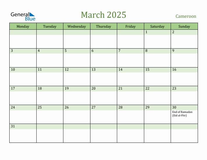 March 2025 Calendar with Cameroon Holidays