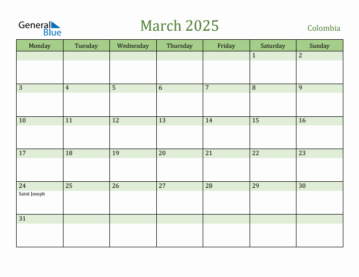 March 2025 Calendar with Colombia Holidays
