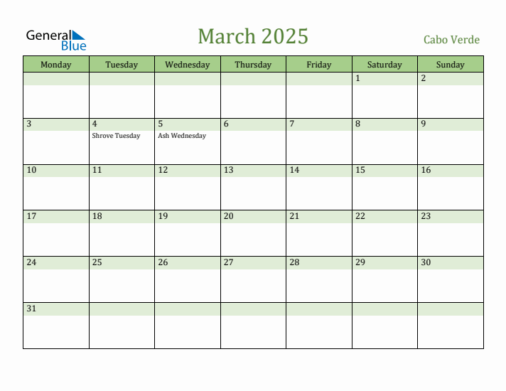March 2025 Calendar with Cabo Verde Holidays