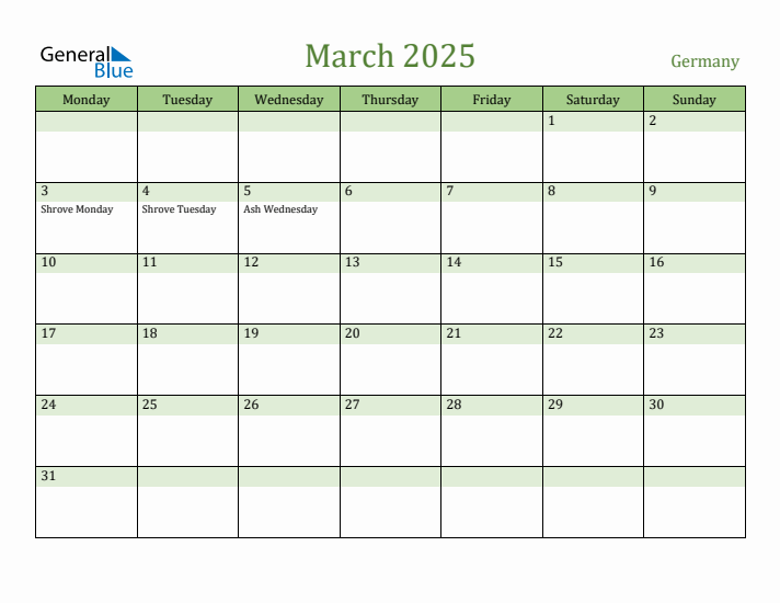 March 2025 Calendar with Germany Holidays