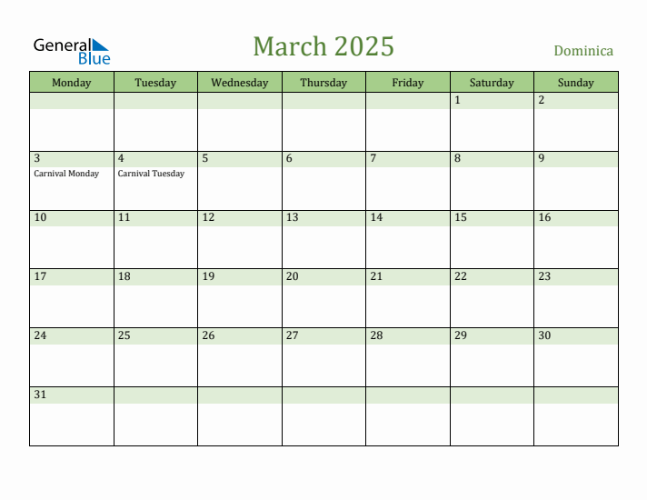 March 2025 Calendar with Dominica Holidays