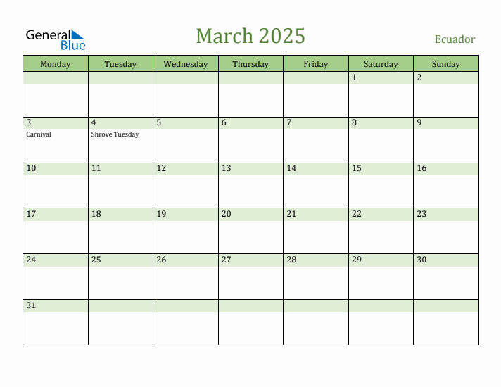 March 2025 Calendar with Ecuador Holidays