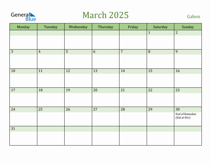 March 2025 Calendar with Gabon Holidays