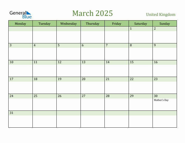 March 2025 Calendar with United Kingdom Holidays