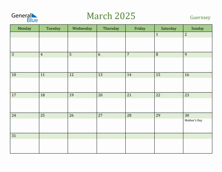 March 2025 Calendar with Guernsey Holidays