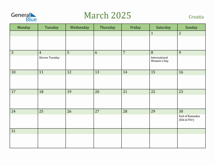March 2025 Calendar with Croatia Holidays
