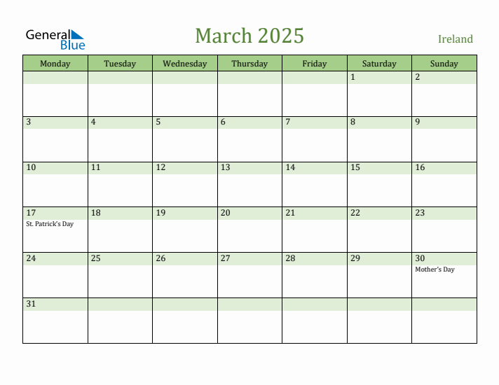 March 2025 Calendar with Ireland Holidays