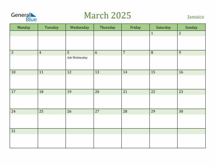 March 2025 Calendar with Jamaica Holidays