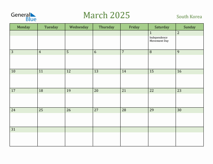 March 2025 Calendar with South Korea Holidays