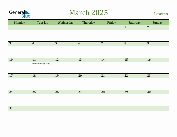 March 2025 Calendar with Lesotho Holidays