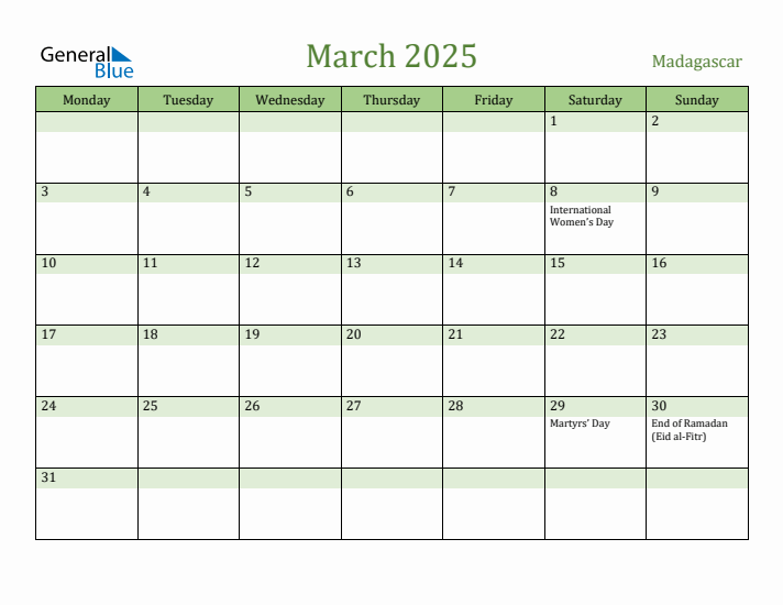 March 2025 Calendar with Madagascar Holidays
