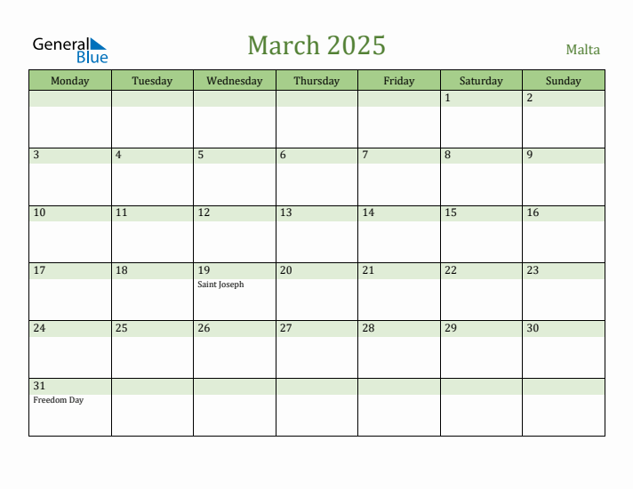 March 2025 Calendar with Malta Holidays