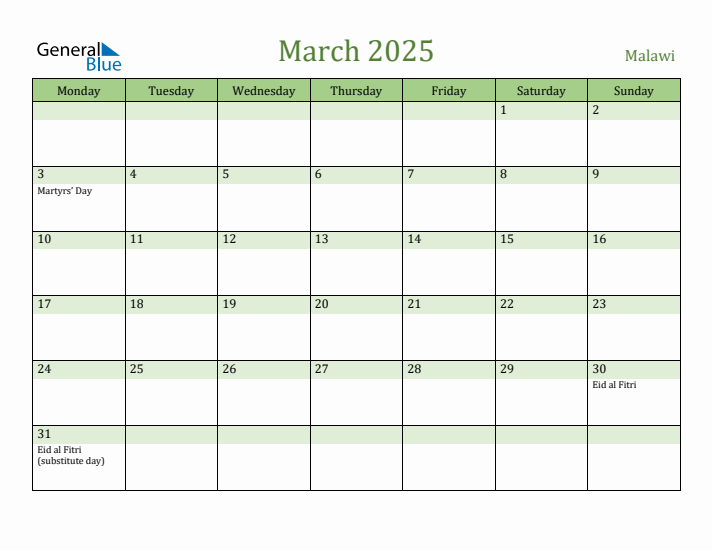 March 2025 Calendar with Malawi Holidays