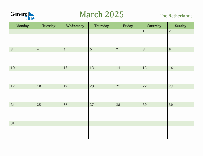 March 2025 Calendar with The Netherlands Holidays