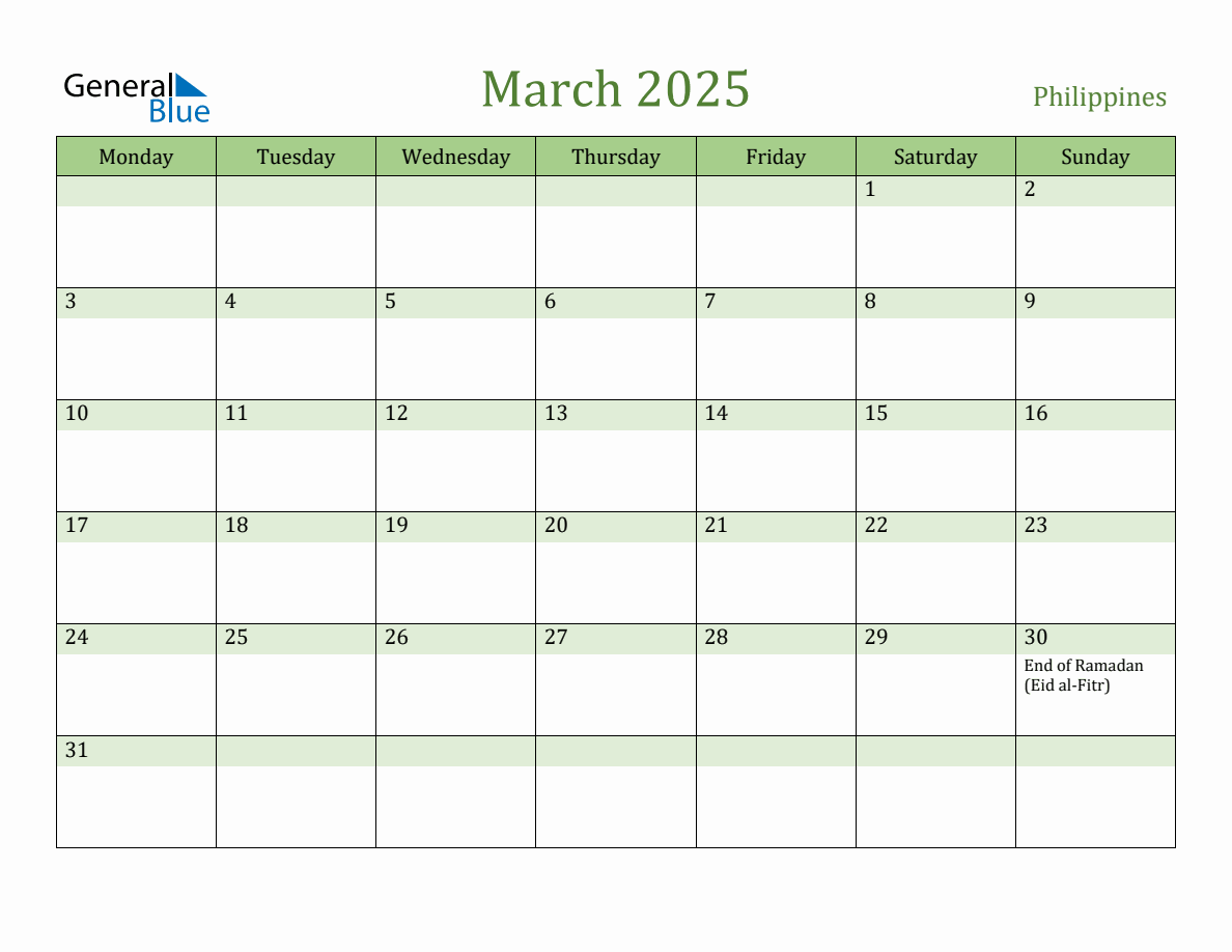 Fillable Holiday Calendar for Philippines March 2025