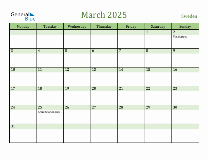 March 2025 Calendar with Sweden Holidays