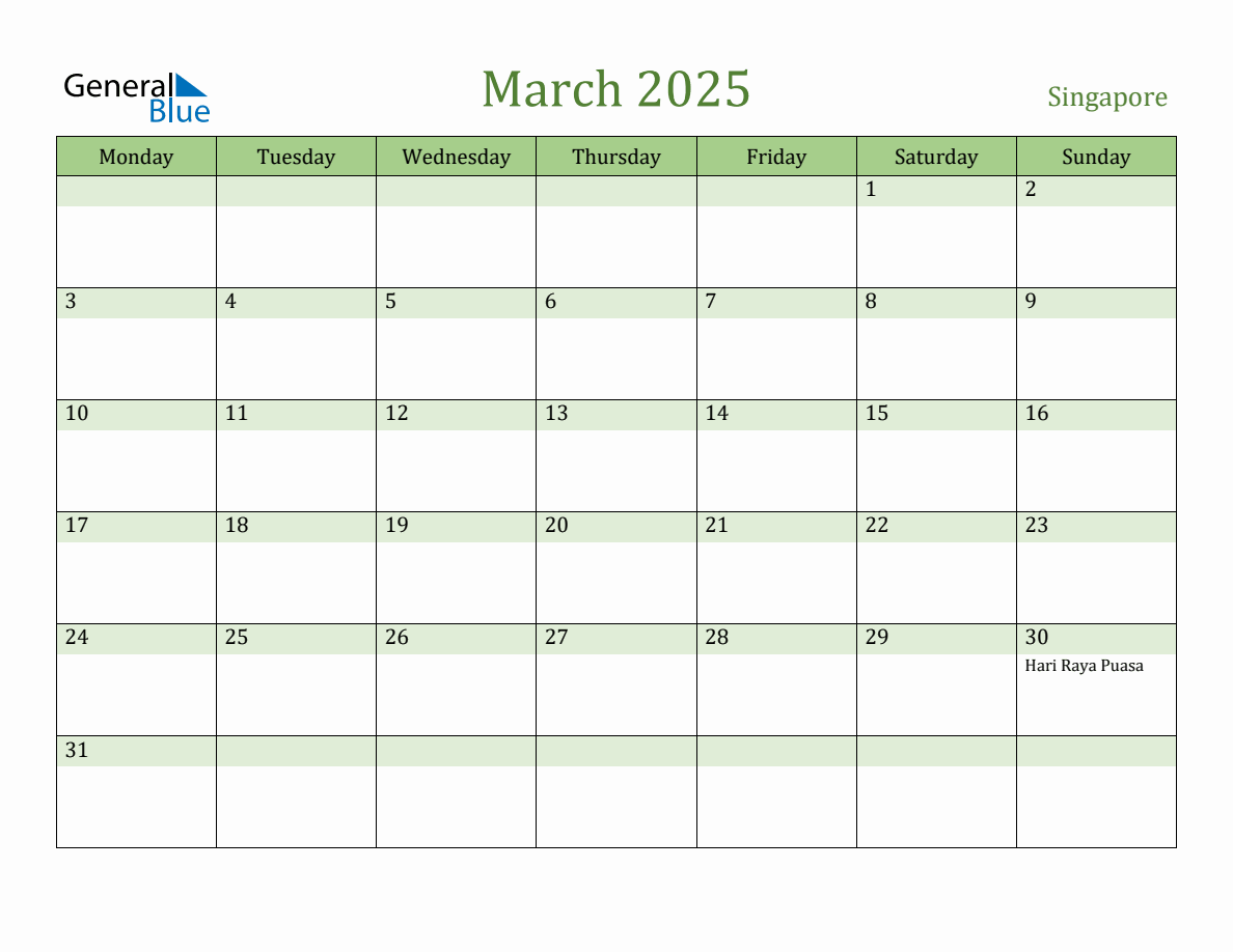 Fillable Holiday Calendar for Singapore March 2025