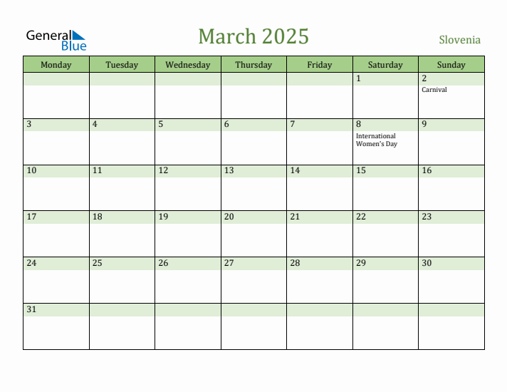 March 2025 Calendar with Slovenia Holidays