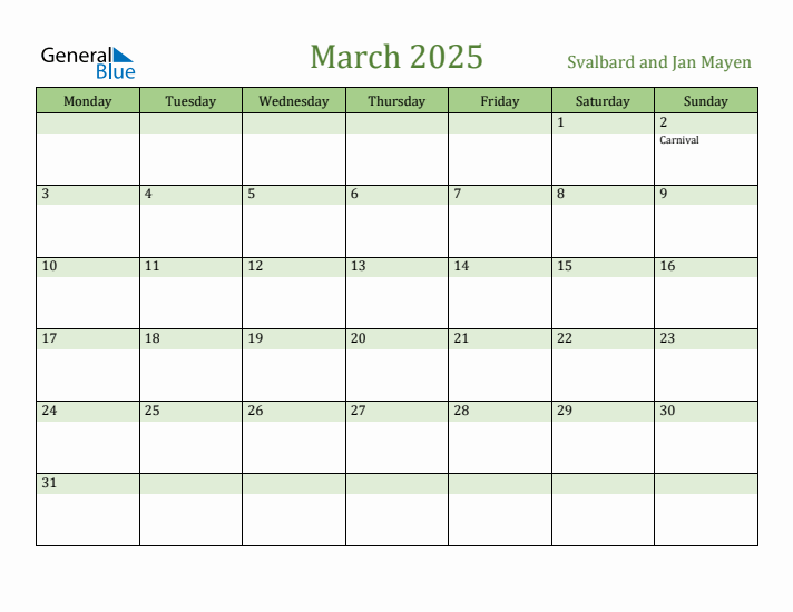 March 2025 Calendar with Svalbard and Jan Mayen Holidays