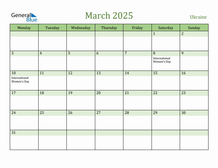 March 2025 Ukraine Monthly Calendar with Holidays