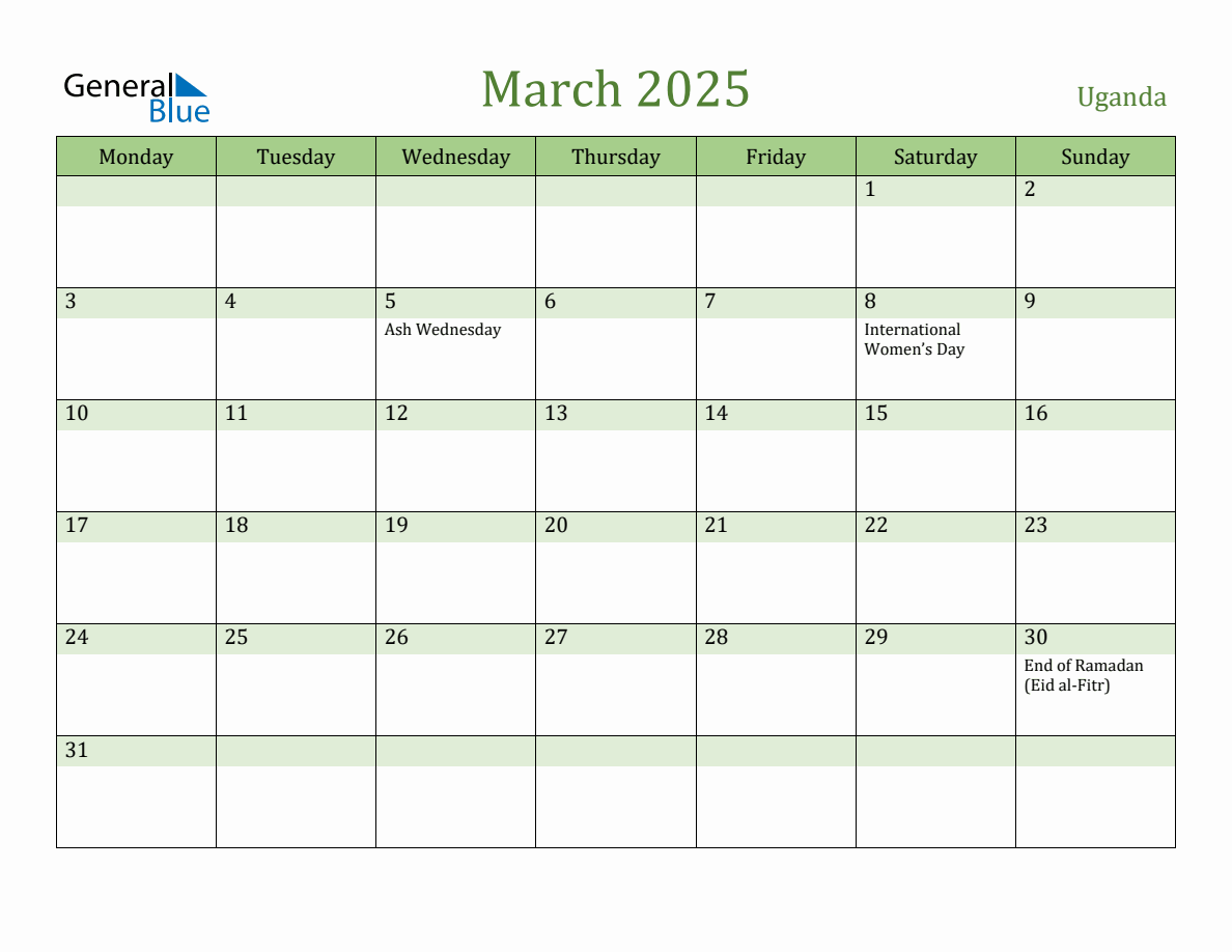 Fillable Holiday Calendar for Uganda March 2025