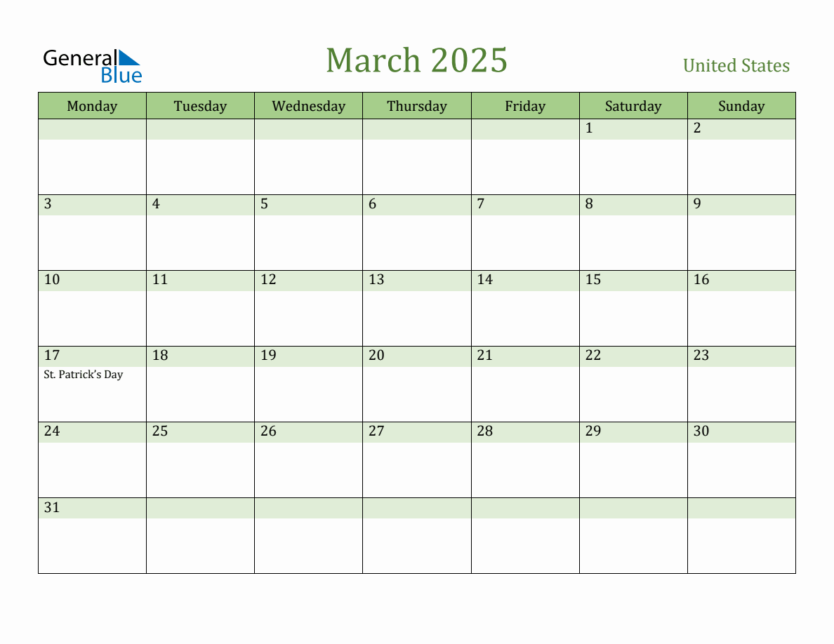 Fillable Holiday Calendar for United States March 2025