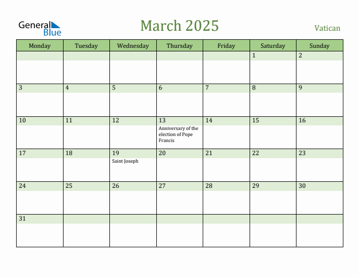 March 2025 Calendar with Vatican Holidays